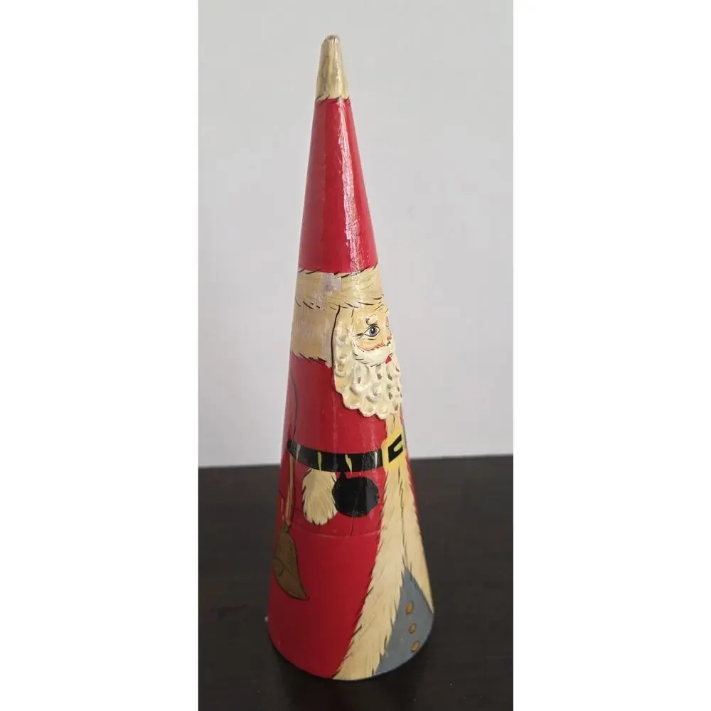 Vintage Nesting Santa Claus Dolls Cone Shape 2 Pc Wooden Carved 8